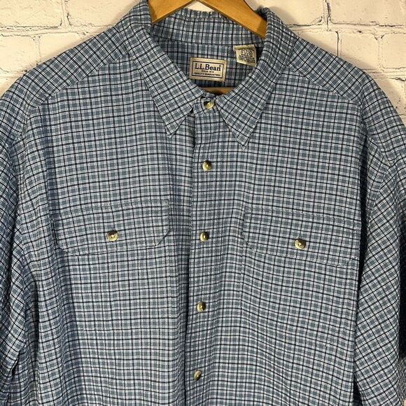 LL Bean 0 VV90 Blue Plaid  Men's XXL Reg Short Sleeve Camp Shirt - Picture 2 of 7
